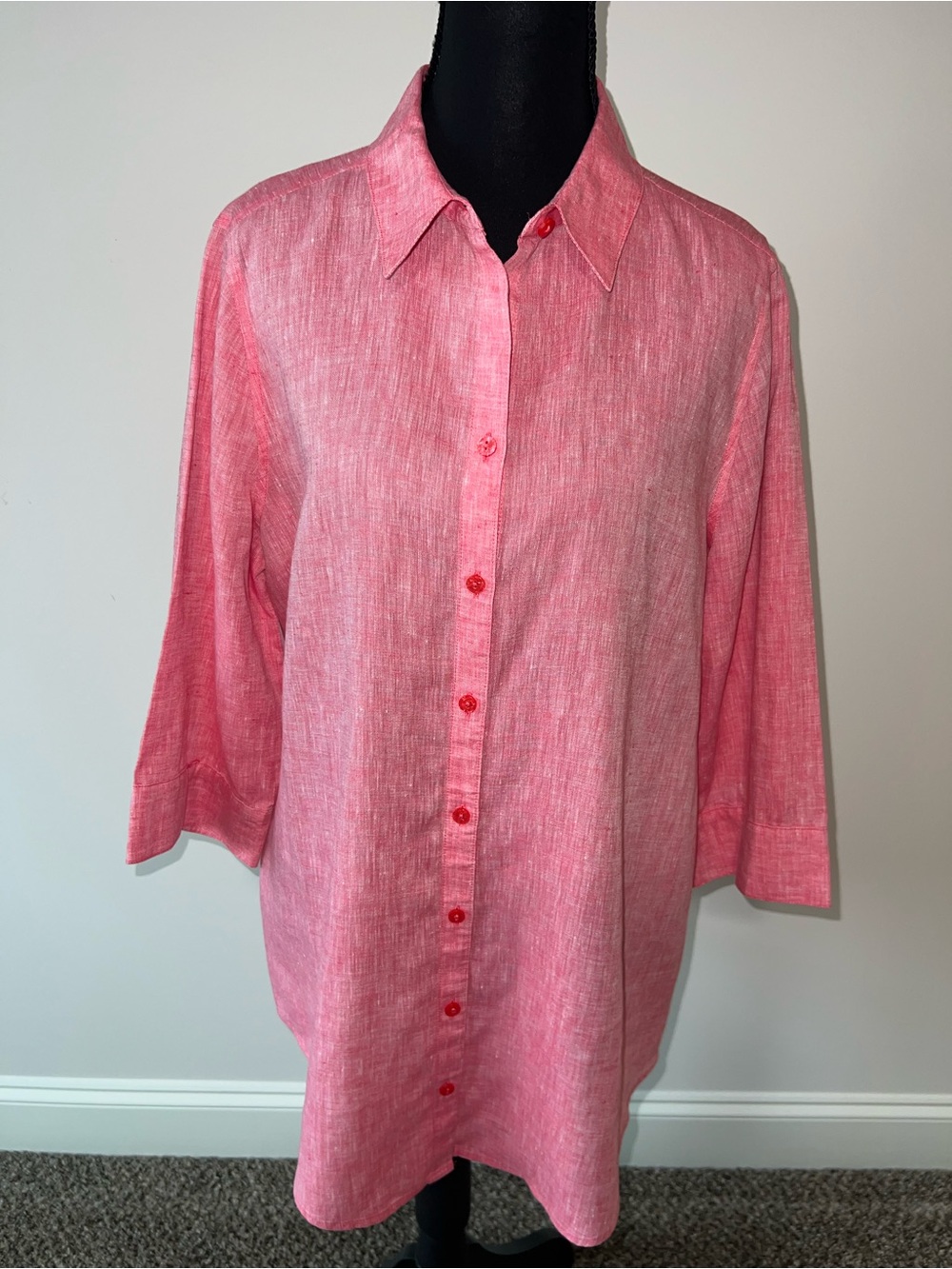 Chico's 100% Linen Tunic Blouse, Pink, 3/4 Sleeve, Button Front